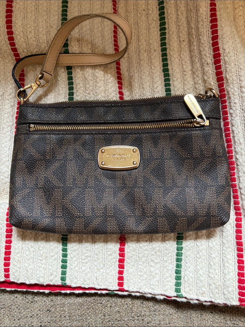 Michael Kors Brown Logo-Print Wristlet with Beige Strap